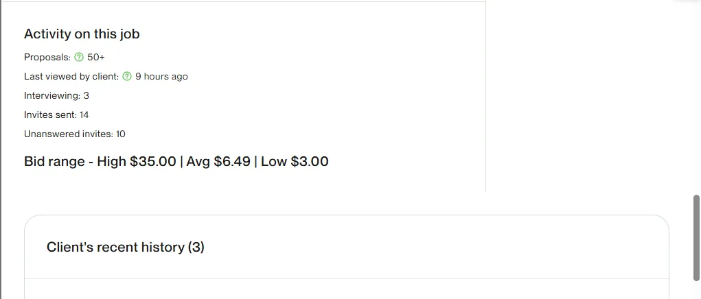 Upwork job activity showing 50+ proposals