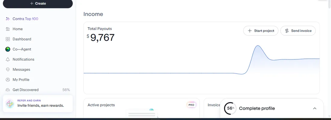 Contra dashboard showing total payouts of $9,767