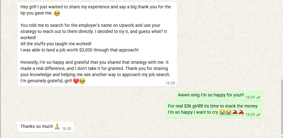 WhatsApp message: I was able to land a job worth $3,000 through that approach
